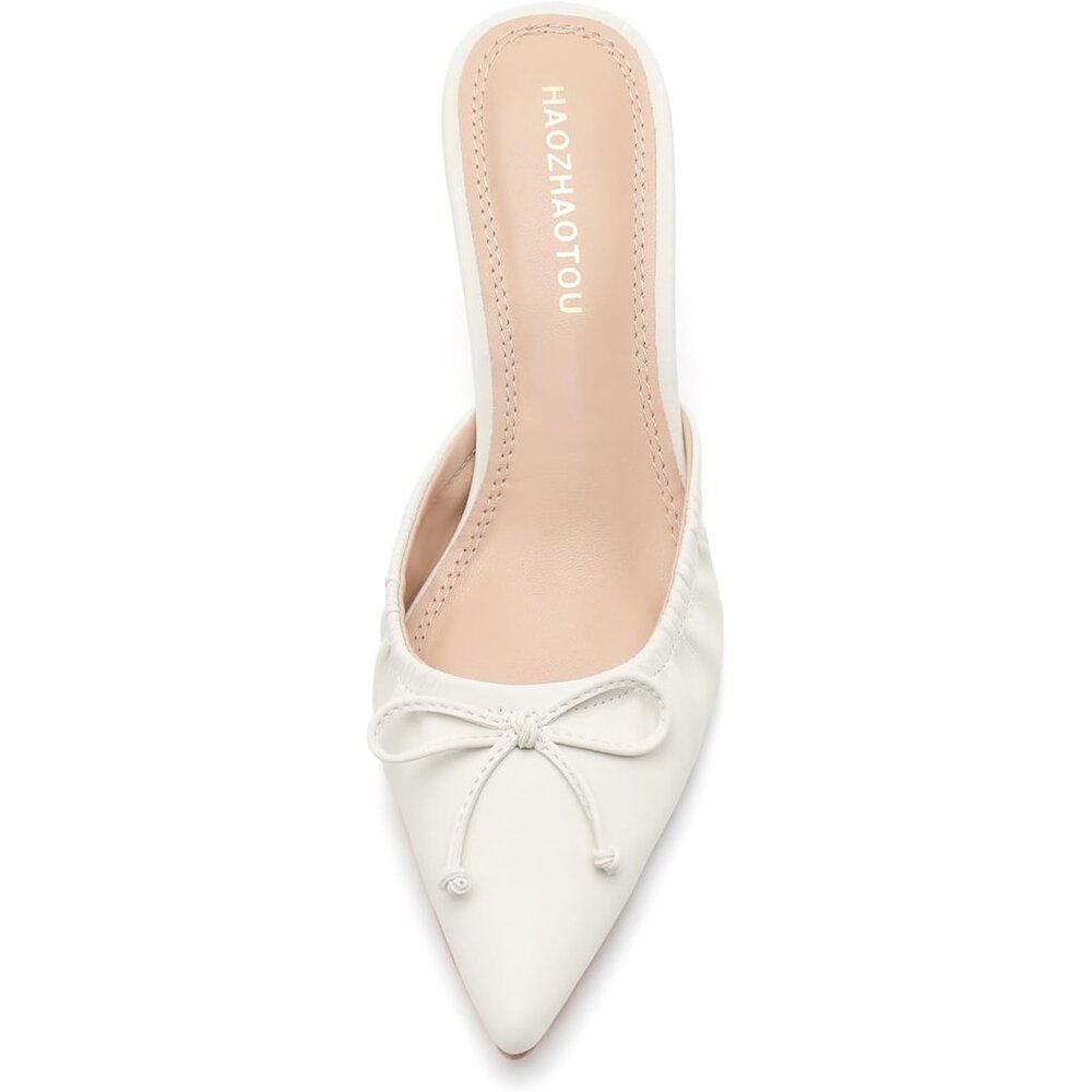 Women's White Dressy Pointed Toe Bow Heeled Sandals Mules Sexy Kitten Heels - Picture 5 of 7